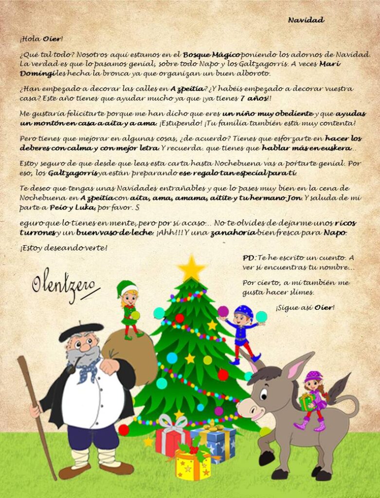 Carta de Olentzero a los niños personalizada