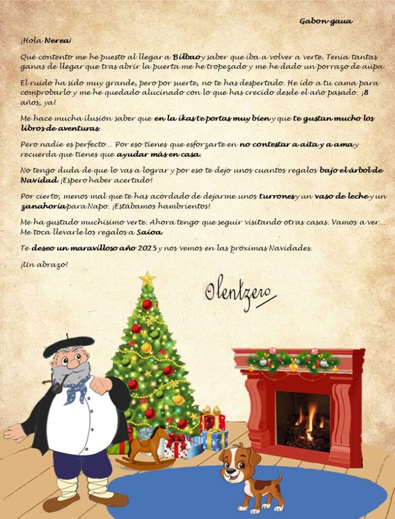 Carta de Olentzero a los niños personalizada