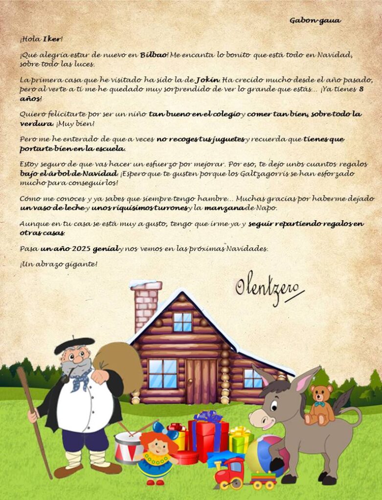 Carta de Olentzero a los niños personalizada