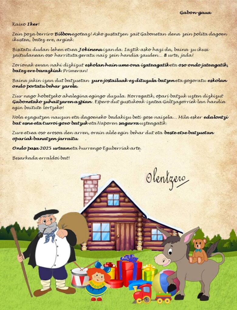 Olentzeroren gutun pertsonalizatua umeei